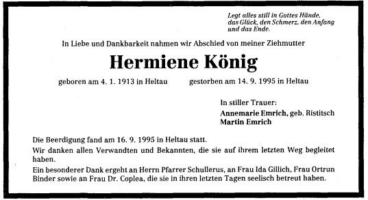 Koenig Hermine 1913-1995 Todesanzeige